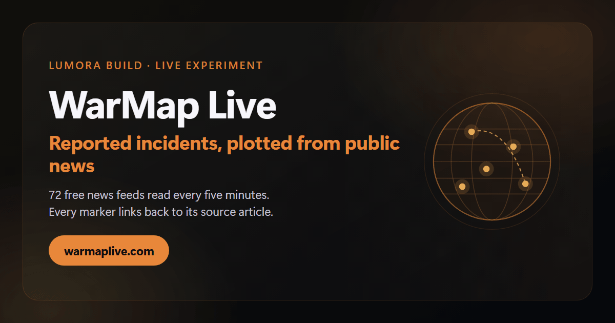 WarMap Live — 一张展示被报道军事事件的世界地图，由每五分钟读取一次的 72 个公开新闻源构建